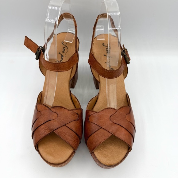 Orion Woven Clogs Teak Tan Platform Sandals wood base leather upper - Picture 4 of 9
